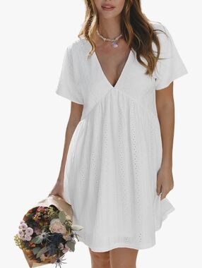 White Eyelet V-Neck Babydoll Dress